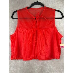 VTG NWT 70's Made in California Bed Jacket Red Sheer Mesh Lace Trim Lingerie Med